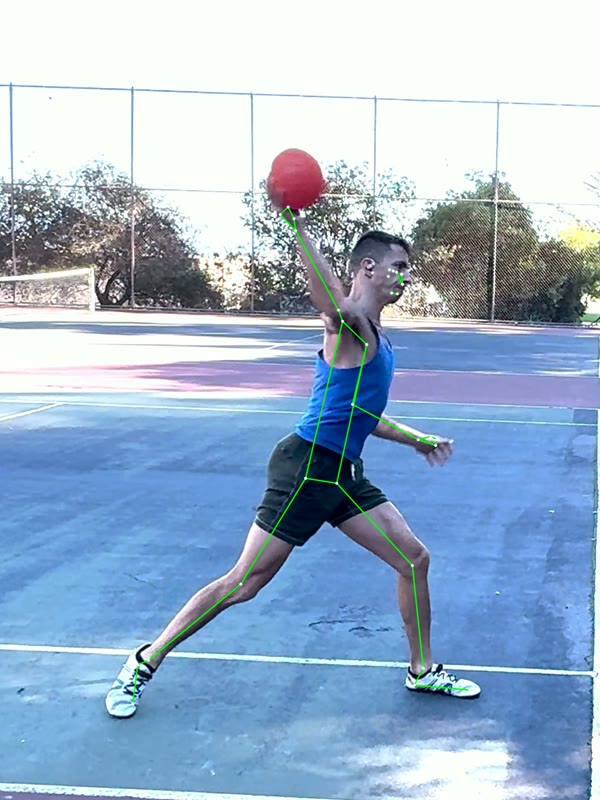 A frame of the throw with the tracked 2D landmarks drawn over the athlete, arm raised with the ball still in hand.